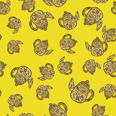 Vintage teapots seamless pattern. Background of teatime in hand drawn style.