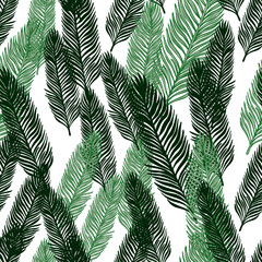 Palm leaves seamless pattern. Tropical branch in engraving style.