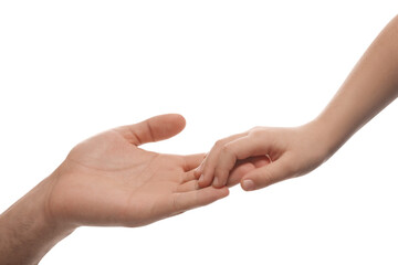 Man with child on white background, closeup