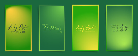 Spring Patrick's day stories design template set. Story gradient layout for promo greeting card design for lucky sale promotion. Green and Yellow elegant smooth social post posters set.