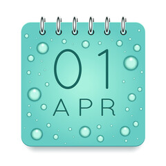 01 day of month. April. Calendar daily icon. Date day week Sunday, Monday, Tuesday, Wednesday, Thursday, Friday, Saturday. Dark Blue text. Cut paper. Water drop dew raindrops. Vector illustration.