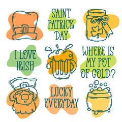 St. Patrick's Day doodle style hand-drawn icon set with simple engraving effect and lettering on an abstract blob shape. Cute Irish holiday symbols and elements collection.