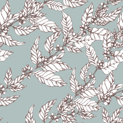 Fototapeta premium Coffee branches intertwined seamless pattern on pale blue. Coffee background print for packaging or coffee shop