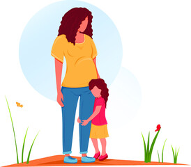 Little girl hugging her pregnant mother. Family is waiting new baby. Vector illustration of mom with tummy loving and caring about her older child