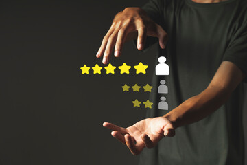 Customer Experience satisfied Concept, man and five yellow stars rating