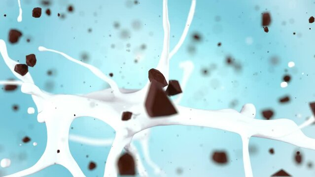 Tasty chocolate bursting in tasty milk in slow motion 4K