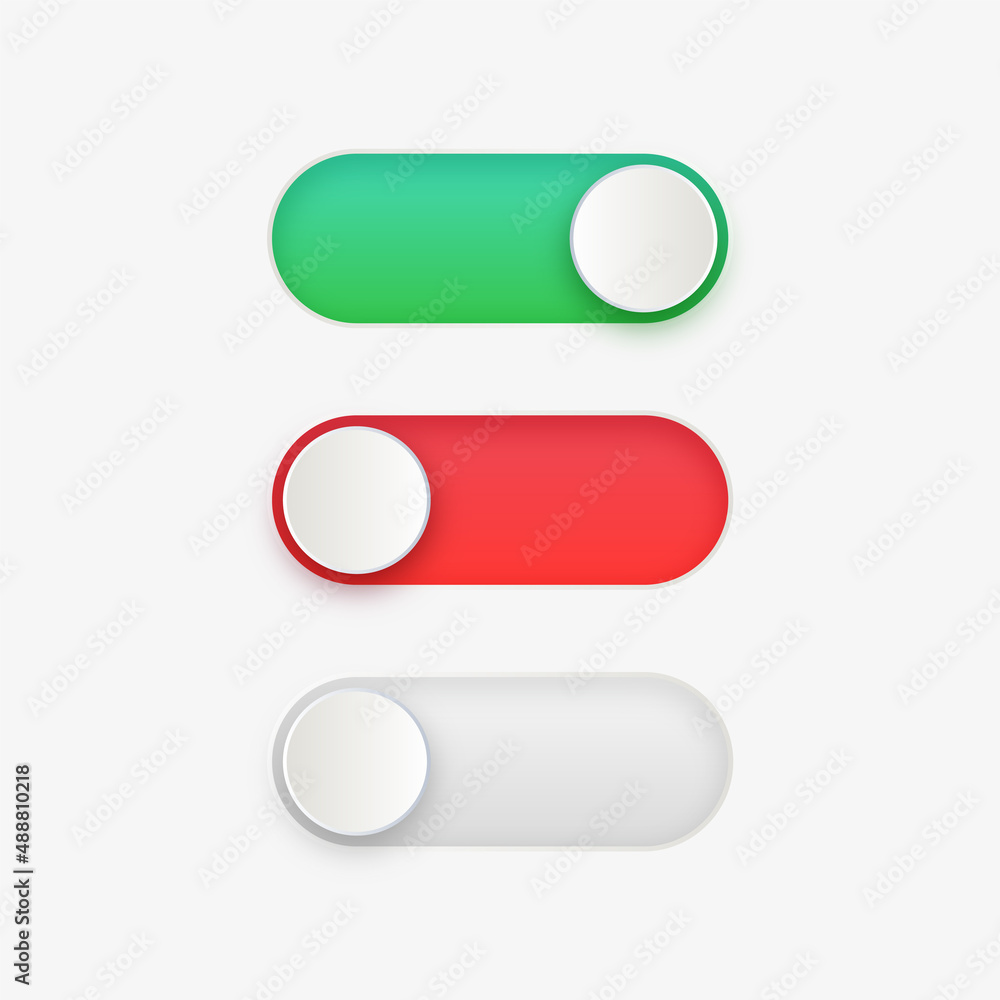 Poster On Off toggle switch buttons, yes or no with switch slider in modern toggle, green and red switchers for user interface, apps and website	