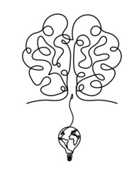 Man silhouette brain with globe light bulb as line drawing on white background. Vector