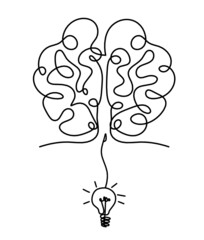 Man silhouette brain with light bulb as line drawing on white background