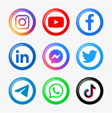 popular social media icons button. facebook, instagram, twitter, youtube, linkedin, telegram, whatsapp, messenger, tiktok, logo, icon . social network logos modern circle buttons