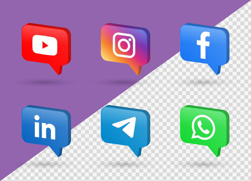 Social media 3d icons. social network 3d networking logos - popular social media icons in 3d modern speech bubble facebook, instagram, youtube, telegram, whatsapp, linkedin logo icon social background
