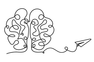 Man silhouette brain with paper plane as line drawing on white background. Vector