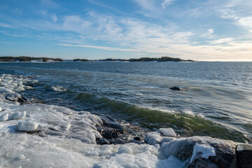 View of the coast and Gulf of Finland in winter, Kopparnas, Inkoo, Finland