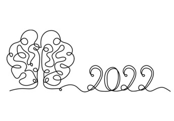Man silhouette brain with 2022 year as line drawing on white background. Vector