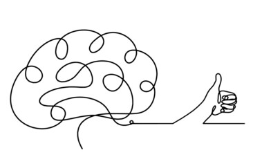 Man silhouette brain with hand as line drawing on white background