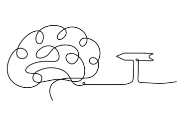 Man silhouette brain with arrow as line drawing on white background. Vector