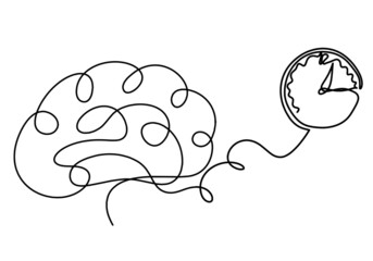 Man silhouette brain with clock as line drawing on white background