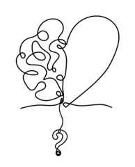 Man silhouette brain with question mark as line drawing on white background. Vector