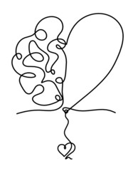 Man silhouette brain with heart as line drawing on white background. Vector