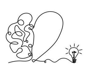 Man silhouette brain with light bulb as line drawing on white background