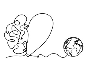 Man silhouette brain with globe as line drawing on white background. Vector