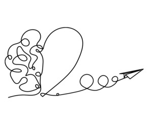 Man silhouette brain with paper plane as line drawing on white background. Vector