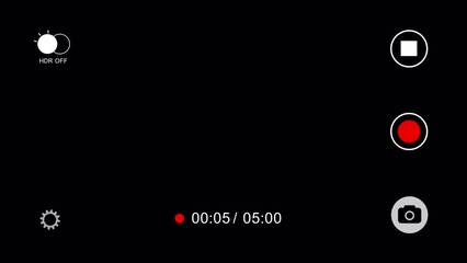 Smartphone horizontal screen camera recording overlay with alpha channel. Digital display with multiple settings and timer with transparent background.