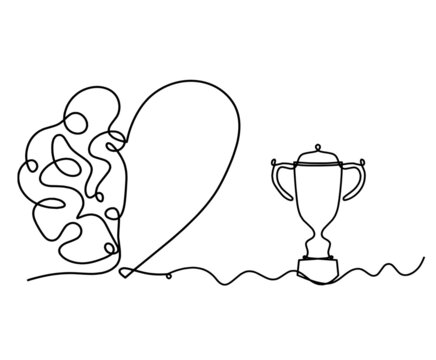 Man silhouette brain with trophy as line drawing on white background