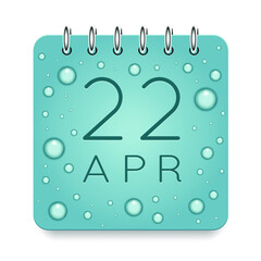 22 day of month. April. Calendar daily icon. Date day week Sunday, Monday, Tuesday, Wednesday, Thursday, Friday, Saturday. Dark Blue text. Cut paper. Water drop dew raindrops. Vector illustration.