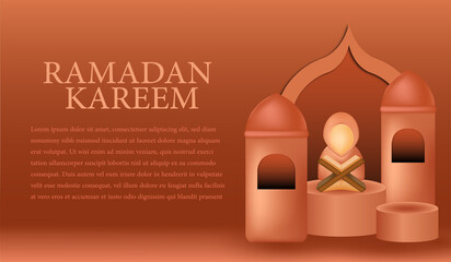 banner ramadan kareem with women reading alquran and mosque 3D vector