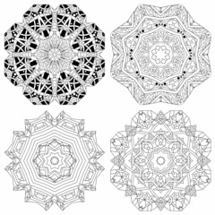 Hand drawn zentangle set of 4 mandalas for coloring page.