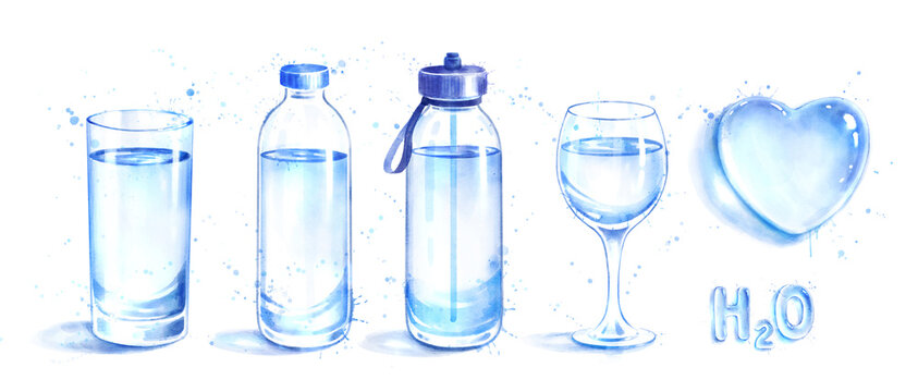 Watercolor set of bottles and glass of water