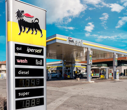 Fossano, Italy - February 22, 2022: Eni logo sign with fuel price display, Eni S.p.a is an Italian oil company worldwide. Expensive fuel price concept.