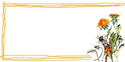 Obraz premium image in watercolor on paper, traditional technique. Spring flowers. Frame for the inscription. Dandelions