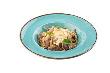 Spaghetti Carbonara pasta with cream sauce and ham Italian cuisine isolated on white background