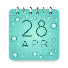 28 day of month. April. Calendar daily icon. Date day week Sunday, Monday, Tuesday, Wednesday, Thursday, Friday, Saturday. Dark Blue text. Cut paper. Water drop dew raindrops. Vector illustration.