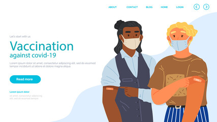 Stop coronavirus agitation concept. Vaccination promo, immunization of workers. Vaccine saves lives. People wearing protective mask showing their arm with bandage after receiving covid-19 vaccine