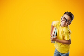 Happy school boy wearing glasses, holding backpack going to school, enjoying studying,