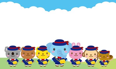 動物たちの幼稚園と野原と空