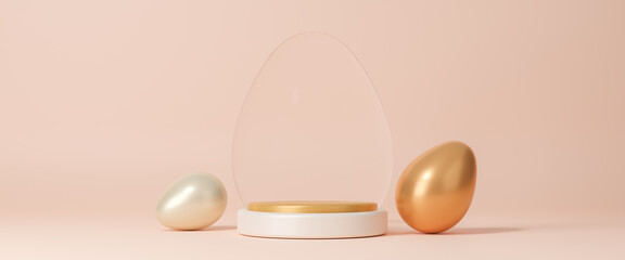 Easter eggs podium for product presentation, happy easter day concept, minimal scene with pedestal and egg, Easter day with geometry platform for product, showcase on pedestal display, 3d rendering - obrazy, fototapety, plakaty