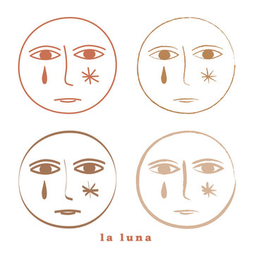 La Luna illustration of moon faces in different graphic style earth colors