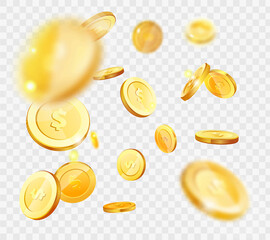 Isometric gold coins with dollar sign in various projections. Gold money cash symbol isolated on white background. Banking, business, financial operations for web apps infographics vector illustration