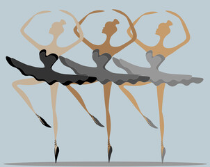 Illustration of three beautiful ballerinas. Three gentle Ladies in a tutu are elegant and graceful in the flight of the dance. The beauty of ballet