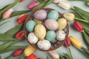 Obraz na płótnie Canvas Hand painted pastel colored Easter eggs background. Happy Easter greeting card or invitation.