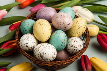 Hand painted pastel colored Easter eggs background. Happy Easter greeting card or invitation.