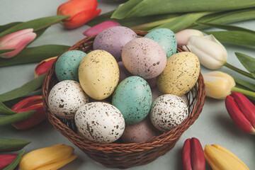 Hand painted pastel colored Easter eggs background. Happy Easter greeting card or invitation.