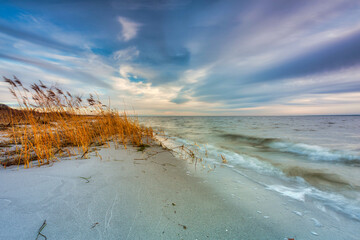 Beautiful beach of the Baltic Sea at sunset in Kuznica, Hel Peninsula. Poland