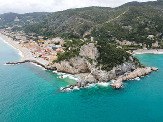 Aerial view of Varigotti in Liguria, Italy, small town on the ligurian coast. Drone photography of Varigotti, one of coolest ligurian village in north Italy, near Noli and Finale Ligure.