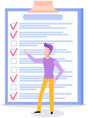 Month scheduling, to do list, time management. Businessman stands near checklist and planning. Plan fulfilled, task completed, timetable on paper sheet. Check list plan, schedule creation concept