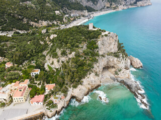 Aerial view of Varigotti in Liguria, Italy, small town on the ligurian coast. Drone photography of Varigotti, one of coolest ligurian village in north Italy, near Noli and Finale Ligure.